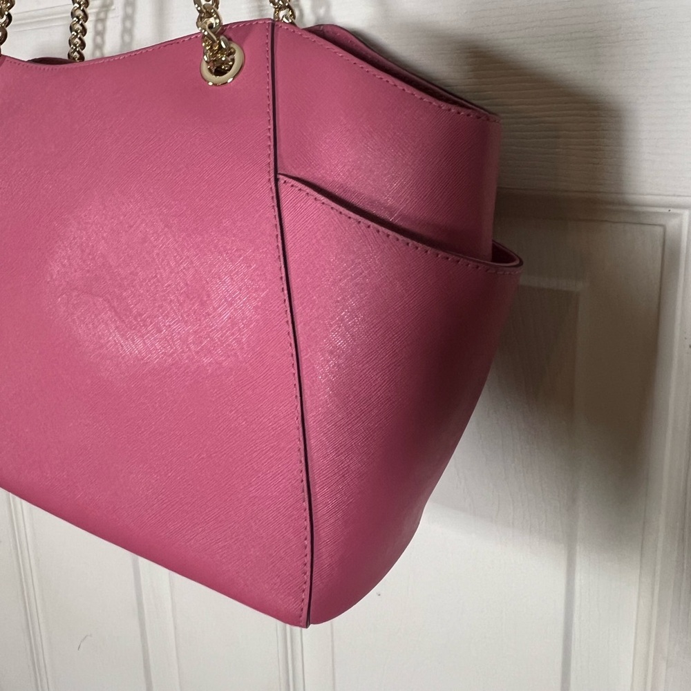 Michael Kors Pink Saffiano Leather Tote Gold Chain Shoulder Bag - Picture 11 of 16